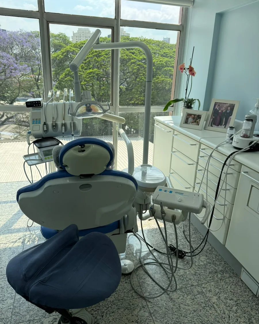 Sala de atendimento com vista para o jacarandá